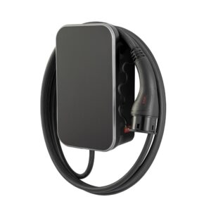 Sähköauton latausasema, musta, kaapeli kierretty.